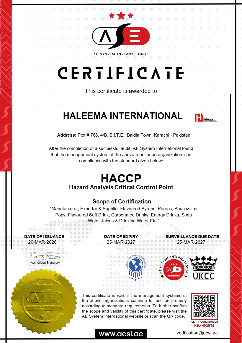 HACCP certificate HIL-HP2HT6 issued to Haleema International