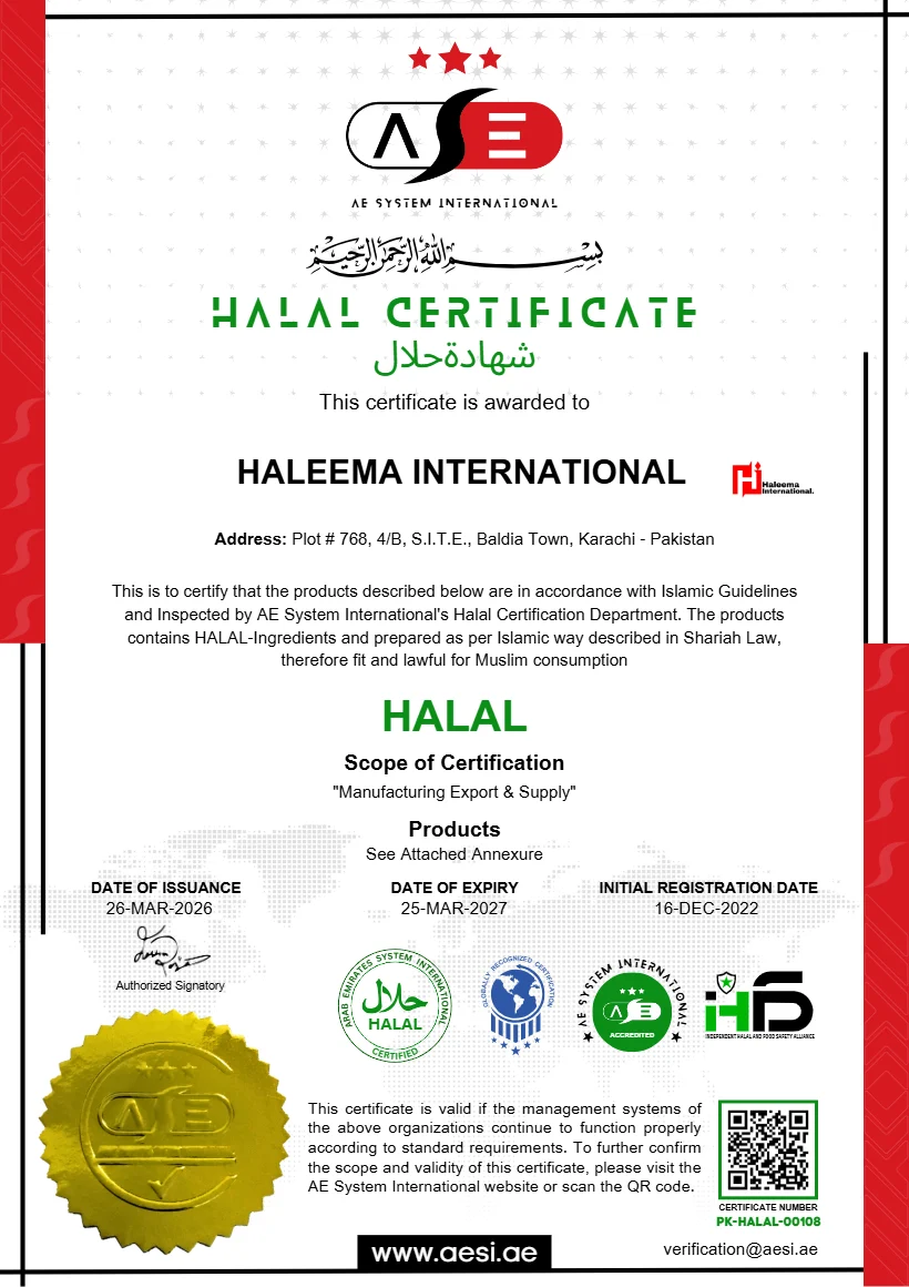Halal certificate PK-HALAL-00108 issued to Haleema International by AE System International