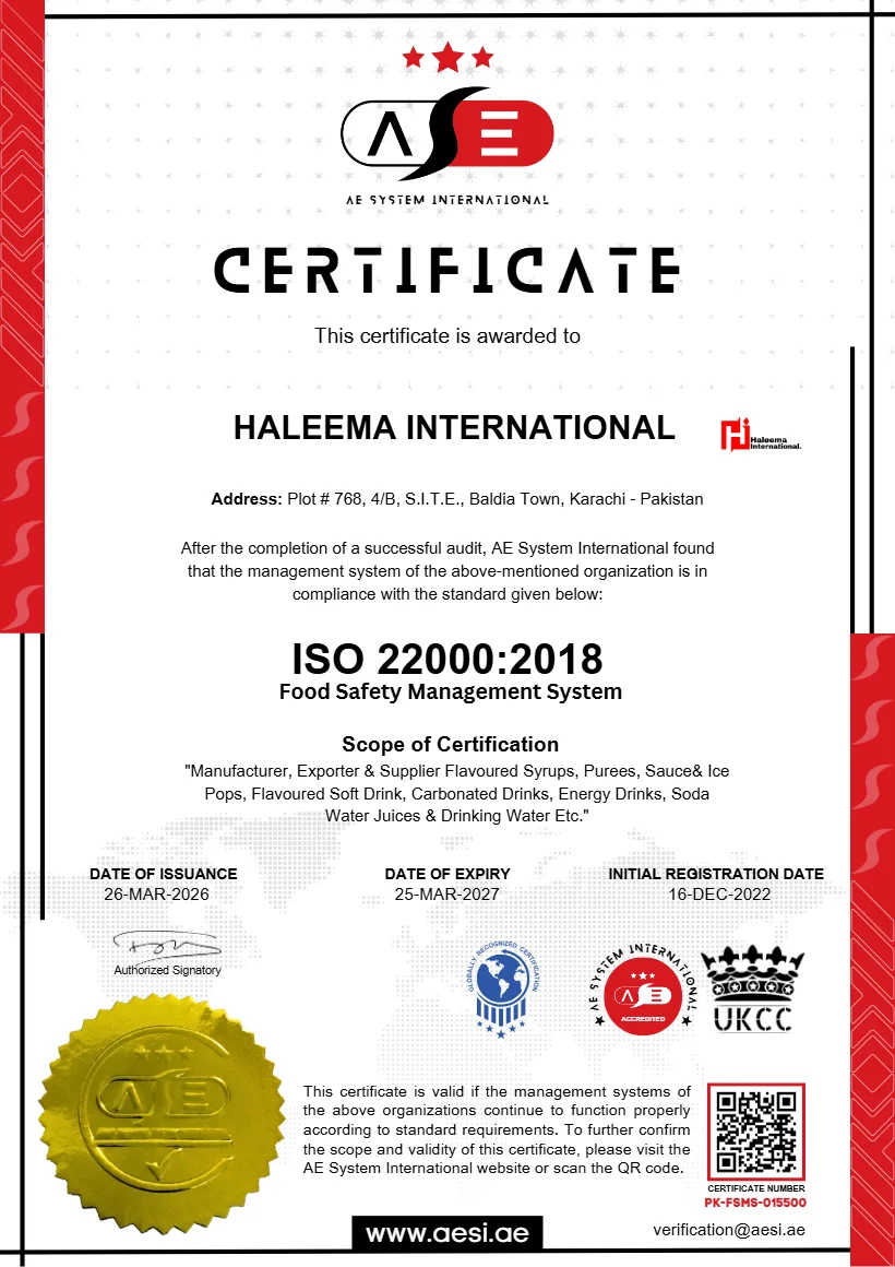 ISO 22000:2018 food safety certificate PK-FSMS-015500 issued to Haleema International