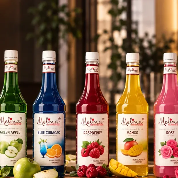 Melina gourmet syrup bottles lined up on a café bar