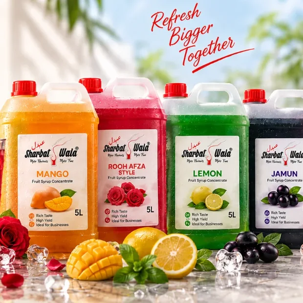 Sharbat Wala fruit syrup concentrate bottles with fresh fruit